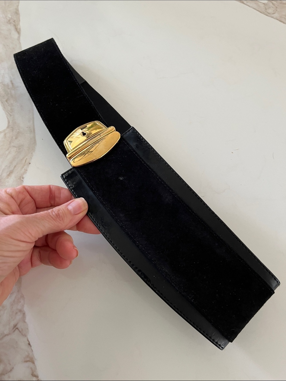 Black Wide Velvet Belt with Gold Buckle